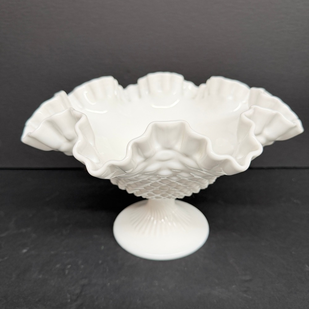 Vintage Fenton Hobnail Compote Pedestal Bowl candy dish White Ruffled Edge